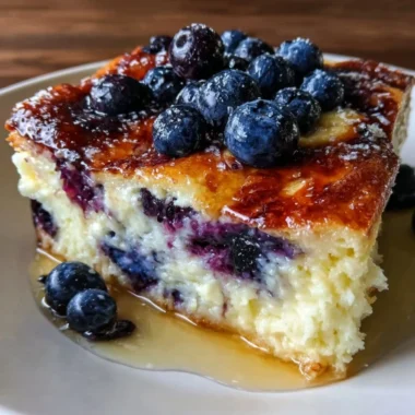 Blueberry Buttermilk Pancake Casserole baked dish topped with fresh blueberries