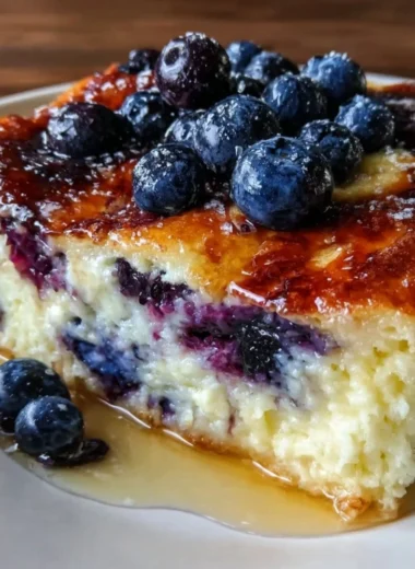 Blueberry Buttermilk Pancake Casserole baked dish topped with fresh blueberries