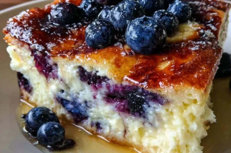 Blueberry Buttermilk Pancake Casserole baked dish topped with fresh blueberries