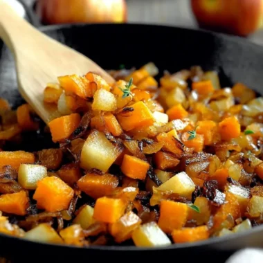 Caramelized sweet potato apple hash browns served in a cozy morning setting