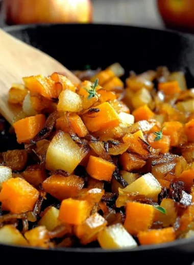 Caramelized sweet potato apple hash browns served in a cozy morning setting