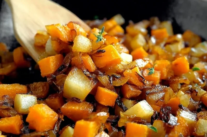 Caramelized sweet potato apple hash browns served in a cozy morning setting