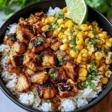 Colorful chicken and street corn rice bowl garnished with fresh herbs