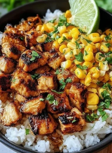 Colorful chicken and street corn rice bowl garnished with fresh herbs