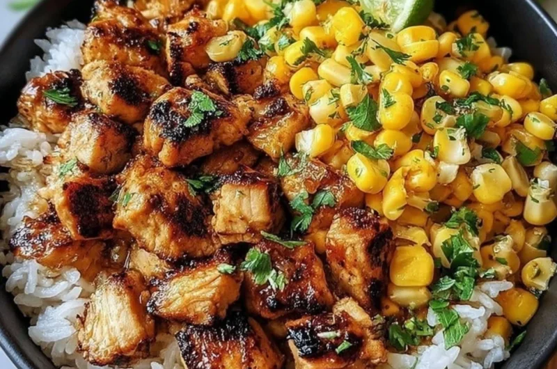 Colorful chicken and street corn rice bowl garnished with fresh herbs