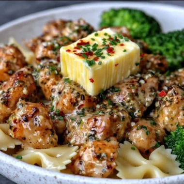 Cowboy Butter Lemon Bowtie Chicken with Broccoli in a serving dish