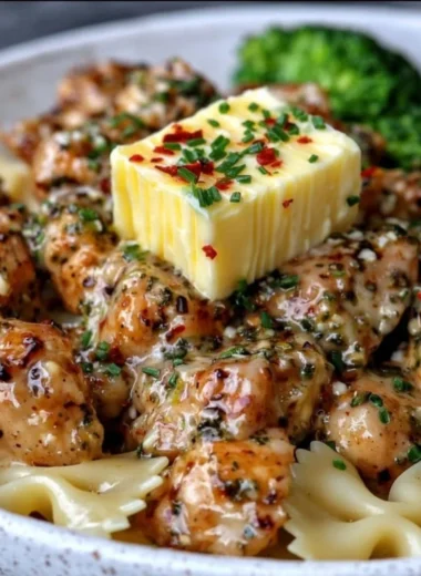 Cowboy Butter Lemon Bowtie Chicken with Broccoli in a serving dish