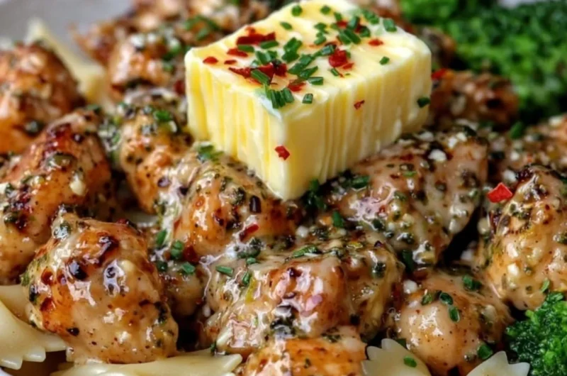 Cowboy Butter Lemon Bowtie Chicken with Broccoli in a serving dish