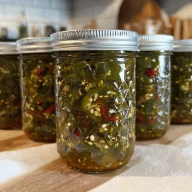 A jar of homemade Cowboy Candy featuring candied jalapeños.