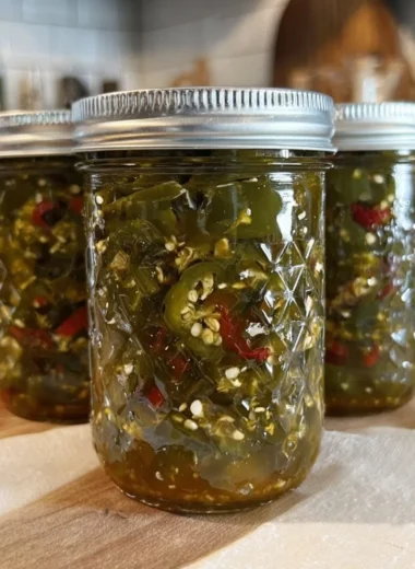 A jar of homemade Cowboy Candy featuring candied jalapeños.
