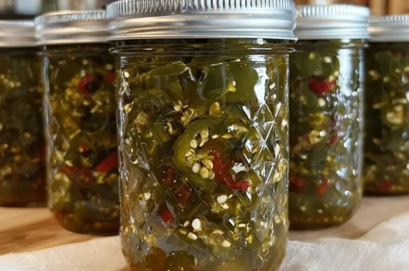 A jar of homemade Cowboy Candy featuring candied jalapeños.