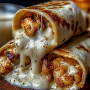 Cheesy garlic chicken wraps served on a rustic plate, garnished with herbs.