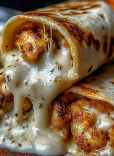 Cheesy garlic chicken wraps served on a rustic plate, garnished with herbs.