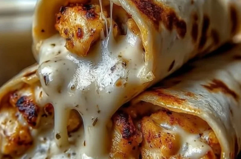Cheesy garlic chicken wraps served on a rustic plate, garnished with herbs.