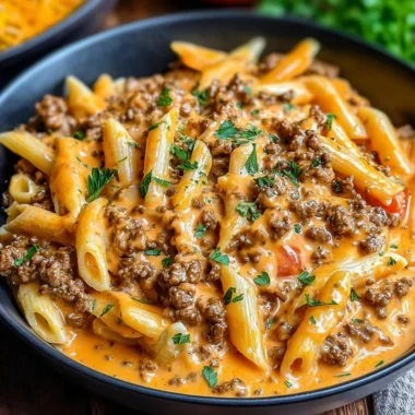 Creamy beef pasta dish with fresh herbs and cheese