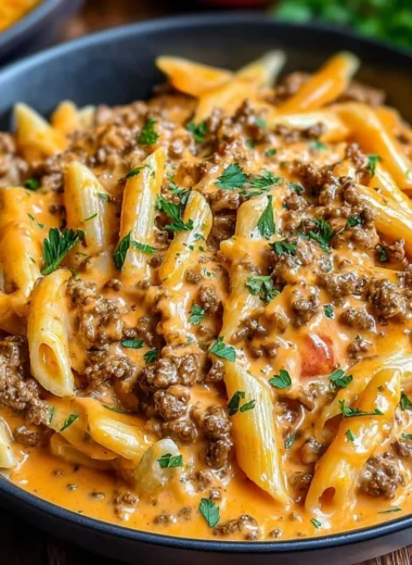 Creamy beef pasta dish with fresh herbs and cheese