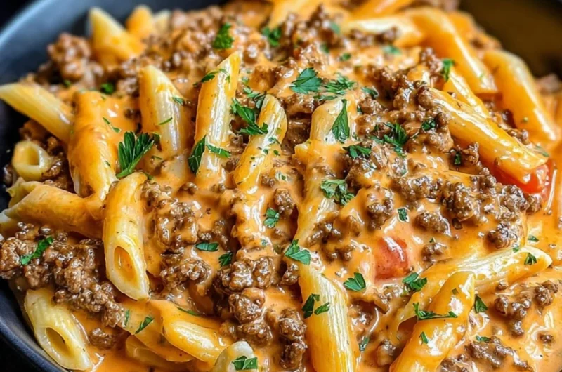 Creamy beef pasta dish with fresh herbs and cheese