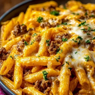 Creamy high protein beef pasta served in a bowl with fresh herbs.