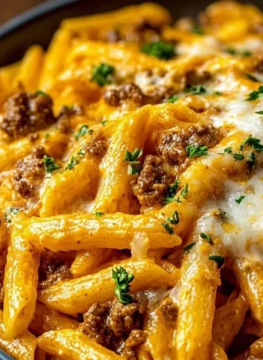 Creamy high protein beef pasta served in a bowl with fresh herbs.