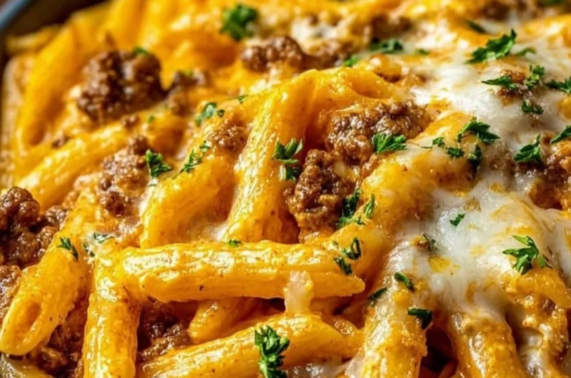 Creamy high protein beef pasta served in a bowl with fresh herbs.
