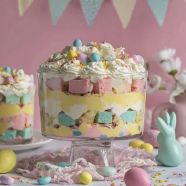 Delicious Easter Trifle dessert with layers of cake, cream, and fresh fruit