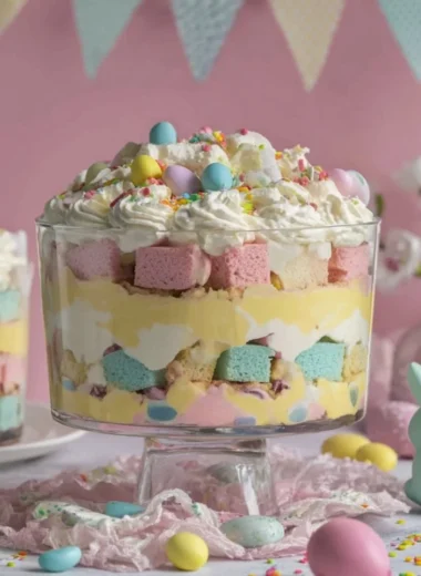Delicious Easter Trifle dessert with layers of cake, cream, and fresh fruit
