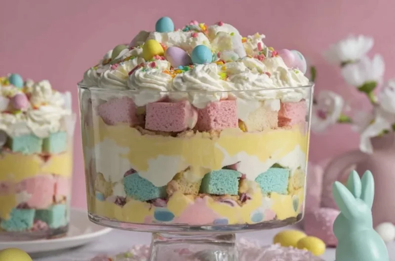 Delicious Easter Trifle dessert with layers of cake, cream, and fresh fruit
