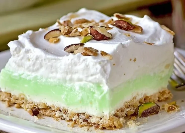 Deliciously creamy easy Pistachio Lush dessert served in a glass dish