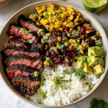 Delicious flank steak bowl with fresh vegetables and flavorful toppings