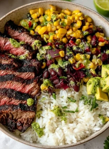 Delicious flank steak bowl with fresh vegetables and flavorful toppings