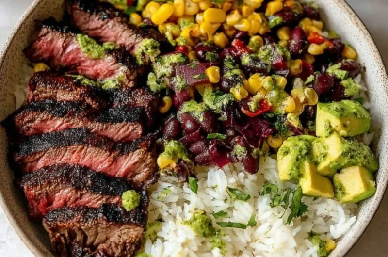 Delicious flank steak bowl with fresh vegetables and flavorful toppings