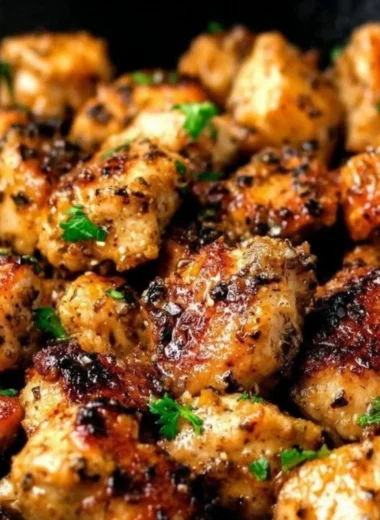 Delicious garlic butter chicken bites garnished with herbs