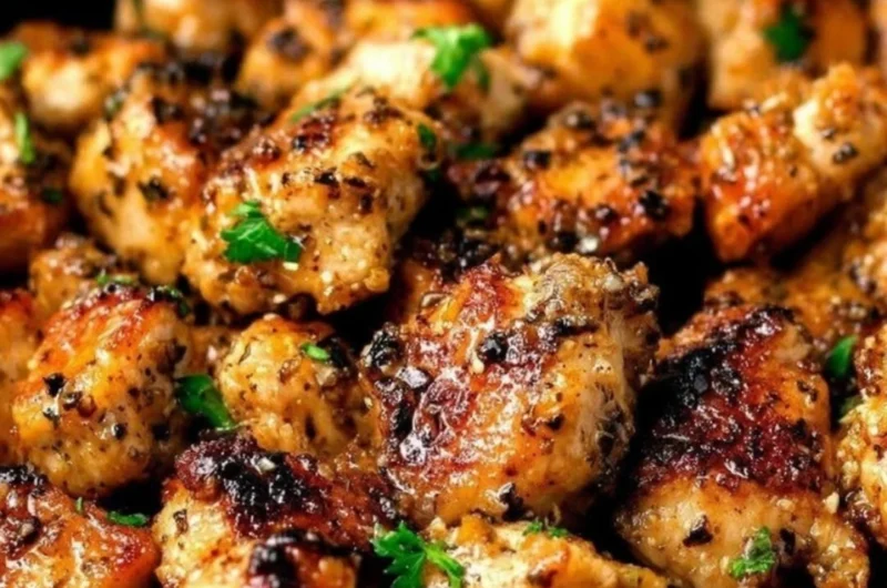 Delicious garlic butter chicken bites garnished with herbs