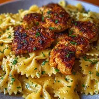 Garlic Butter Chicken with Bowtie Pasta served on a plate