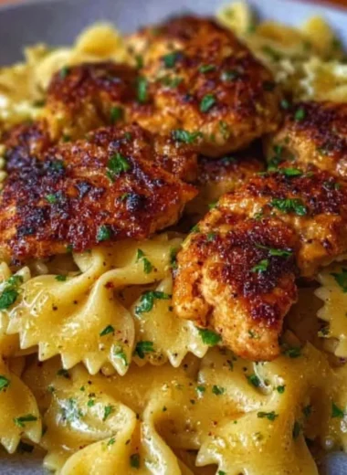 Garlic Butter Chicken with Bowtie Pasta served on a plate