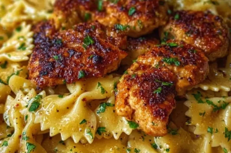 Garlic Butter Chicken with Bowtie Pasta served on a plate