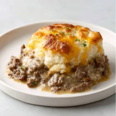 Delicious ground beef and biscuit bake topped with cheese and herbs