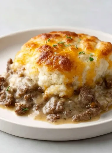 Delicious ground beef and biscuit bake topped with cheese and herbs