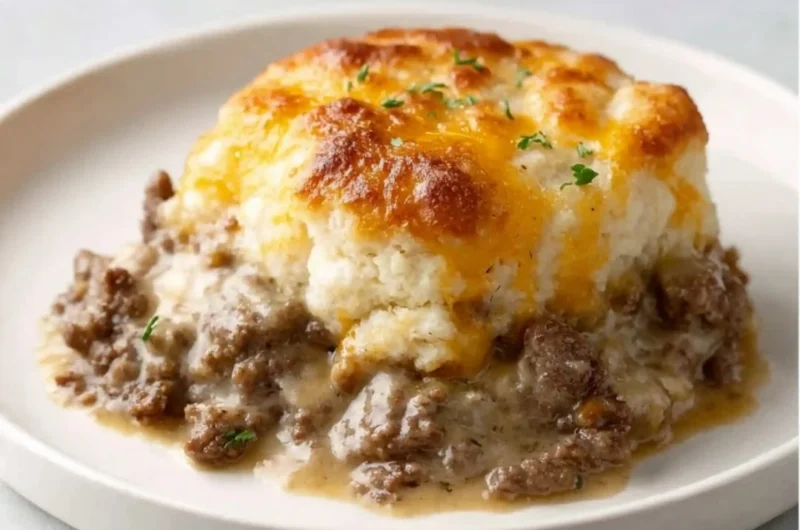 Delicious ground beef and biscuit bake topped with cheese and herbs