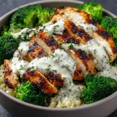 Healthy grilled chicken broccoli bowl with creamy garlic sauce
