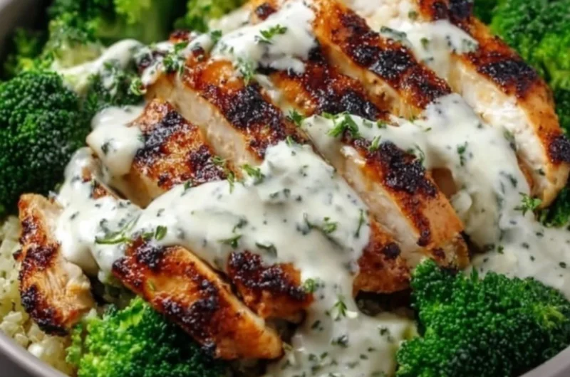 Healthy grilled chicken broccoli bowl with creamy garlic sauce