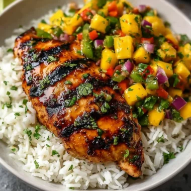 Honey Lime Chicken served with fresh mango salsa on a plate