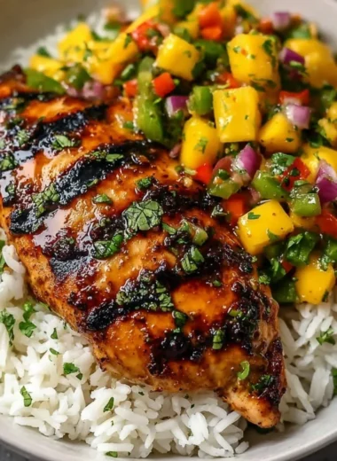 Honey Lime Chicken served with fresh mango salsa on a plate