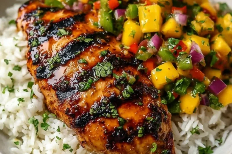 Honey Lime Chicken served with fresh mango salsa on a plate