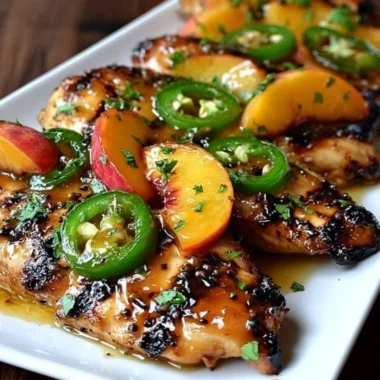 Plate of jalapeno peach chicken garnished with fresh herbs