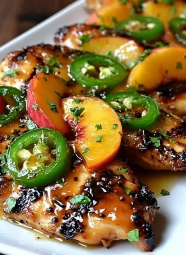 Plate of jalapeno peach chicken garnished with fresh herbs