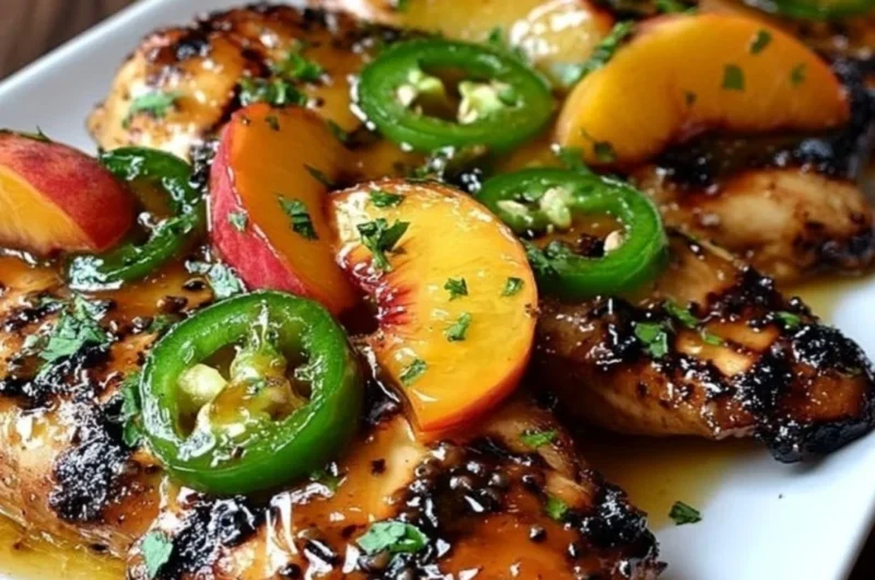 Plate of jalapeno peach chicken garnished with fresh herbs
