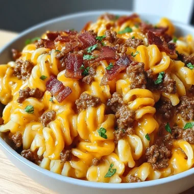Delicious loaded bacon cheeseburger pasta garnished with crispy bacon and cheese