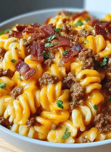 Delicious loaded bacon cheeseburger pasta garnished with crispy bacon and cheese