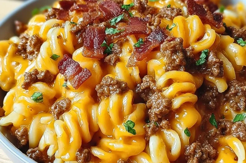 Delicious loaded bacon cheeseburger pasta garnished with crispy bacon and cheese